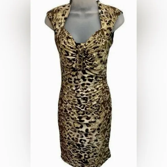 Caché- Bodycon Animal Print Ruched Gold Accent Cap Sleeves Zipper Closure XSmall