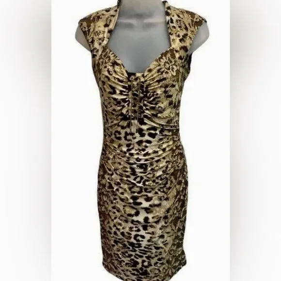 Caché- Bodycon Animal Print Ruched Gold Accent Cap Sleeves Zipper Closure XSmall