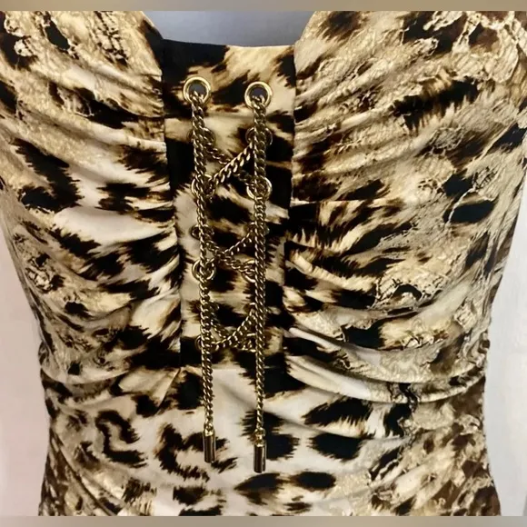 Caché- Bodycon Animal Print Ruched Gold Accent Cap Sleeves Zipper Closure XSmall