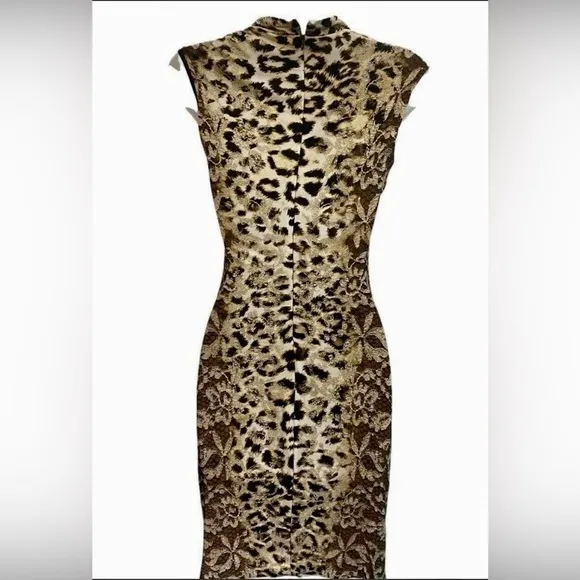 Caché- Bodycon Animal Print Ruched Gold Accent Cap Sleeves Zipper Closure XSmall