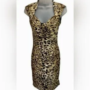Caché- Bodycon Animal Print Ruched Gold Accent Cap Sleeves Zipper Closure XSmall