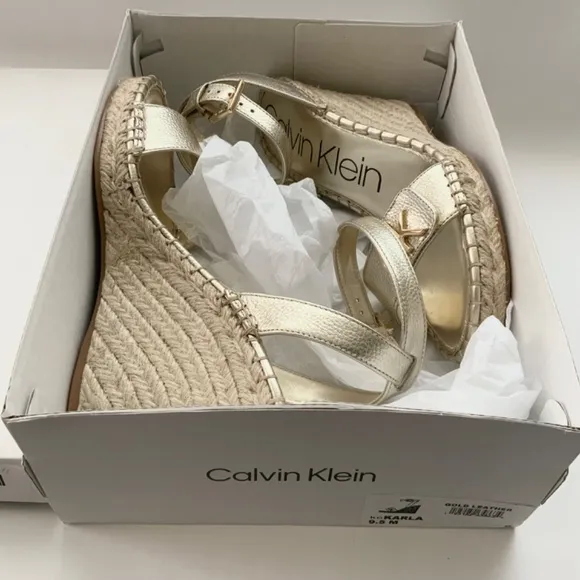 Calvin Klein Karla Gold Leather Espadrille Platform Wedge Slingback Sandals 9.5