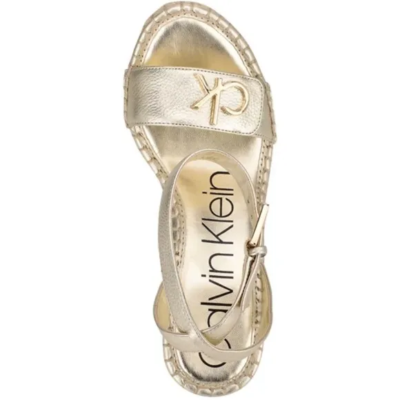 Calvin Klein Karla Gold Leather Espadrille Platform Wedge Slingback Sandals 9.5