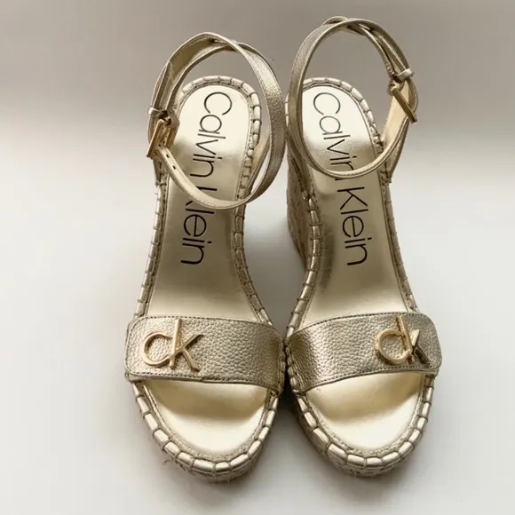 Calvin Klein Karla Gold Leather Espadrille Platform Wedge Slingback Sandals 9.5