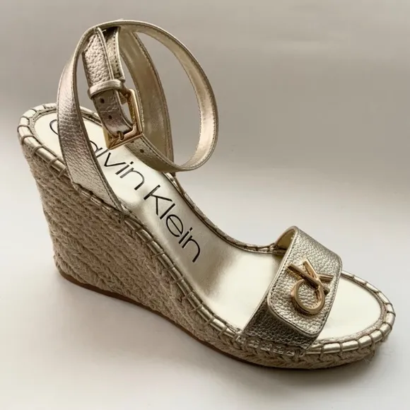 Calvin Klein Karla Gold Leather Espadrille Platform Wedge Slingback Sandals 9.5