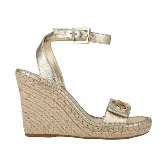 Calvin Klein Karla Gold Leather Espadrille Platform Wedge Slingback Sandals 9.5