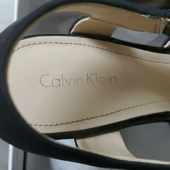 Calvin Klein black leather patent &amp; nubuck 9M Ellison espadrille sandals