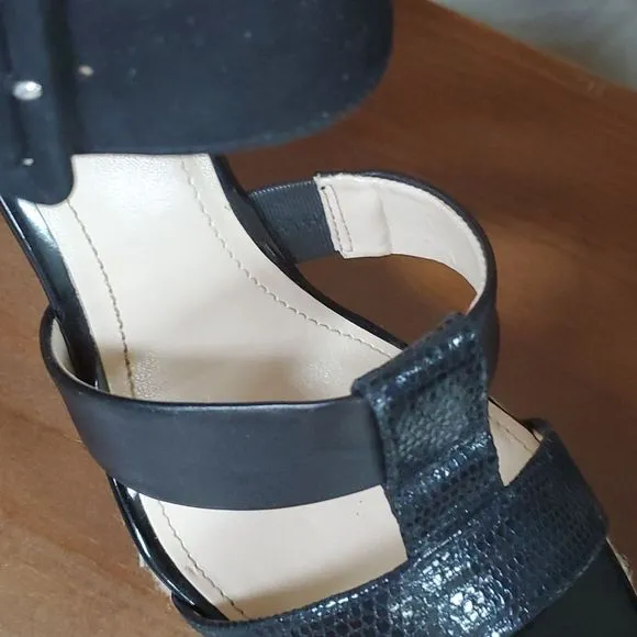 Calvin Klein black leather patent &amp; nubuck 9M Ellison espadrille sandals
