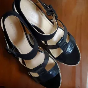 Calvin Klein black leather patent &amp; nubuck 9M Ellison espadrille sandals