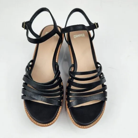 Camper Strappy Wedge Platform Sandals 6 Black Leather Ankle Strap