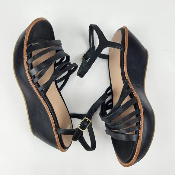 Camper Strappy Wedge Platform Sandals 6 Black Leather Ankle Strap