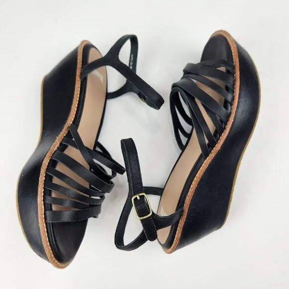 Camper Strappy Wedge Platform Sandals 6 Black Leather Ankle Strap