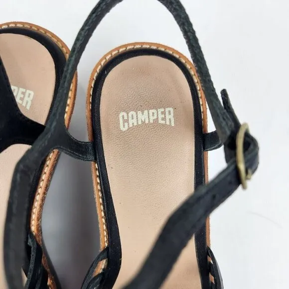 Camper Strappy Wedge Platform Sandals 6 Black Leather Ankle Strap