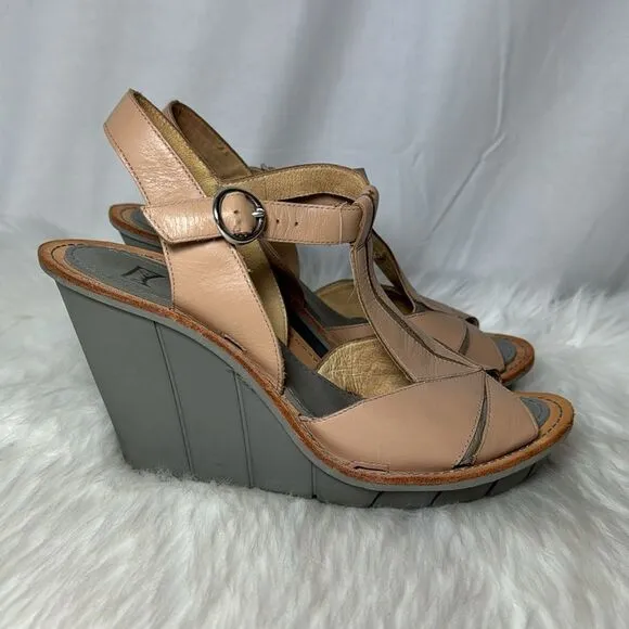 Camper Fillipa Tan/Grey Wedge Peep Toe Sandals Sz 37/US 7