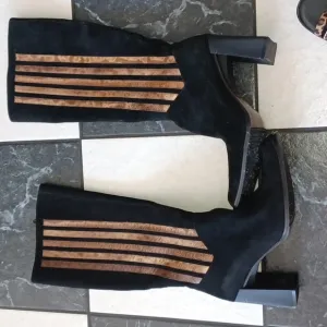 Carlos Falchi 8 Vintage 90s Suede Retro Stripe Supermodel Chic Knee High Boots