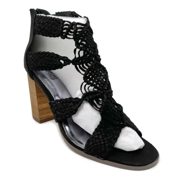 Carlos Santana Nadia Macrame Block Heel Sandals Black Size 9.5