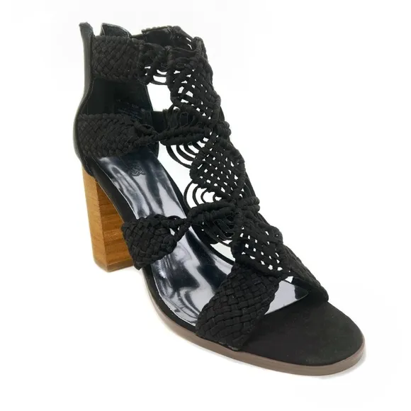 Carlos Santana Nadia Macrame Block Heel Sandals Black Size 9.5