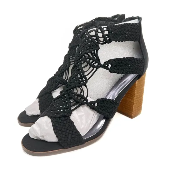 Carlos Santana Nadia Macrame Block Heel Sandals Black Size 9.5