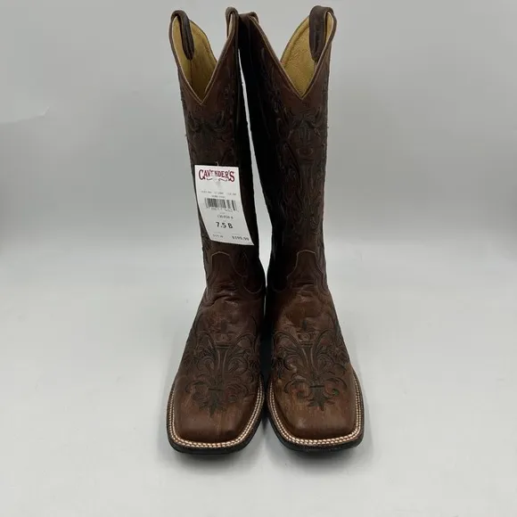 cavenders womens 7.5B vintage brown w embroidery square toe cowboy boots NWT