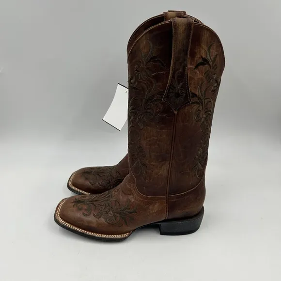 cavenders womens 7.5B vintage brown w embroidery square toe cowboy boots NWT