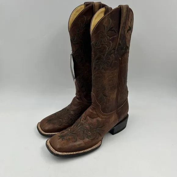 cavenders womens 7.5B vintage brown w embroidery square toe cowboy boots NWT