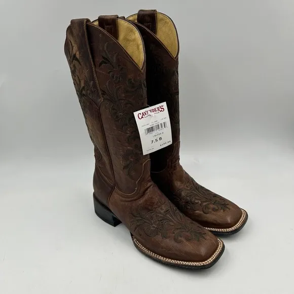 cavenders womens 7.5B vintage brown w embroidery square toe cowboy boots NWT