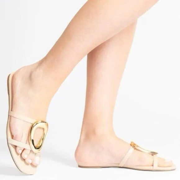 Cecelia NY Melissa Sandals Size 9.5 Nude Gold Metal Flat Leather Anthropologie