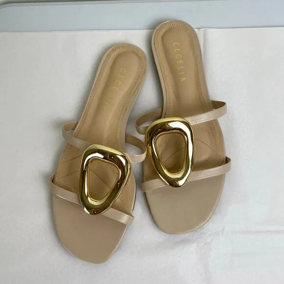 Cecelia NY Melissa Sandals Size 9.5 Nude Gold Metal Flat Leather Anthropologie