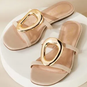 Cecelia NY Melissa Sandals Size 9.5 Nude Gold Metal Flat Leather Anthropologie