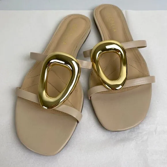 Cecelia NY Melissa Sandals Size 9.5 Nude Gold Metal Flat Leather Anthropologie