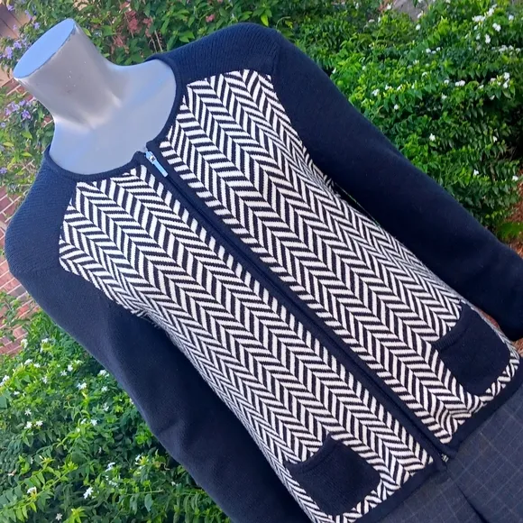 CHAPS LADIES BLACK/WHITE CARDIGAN FULL ZIP SWEATER