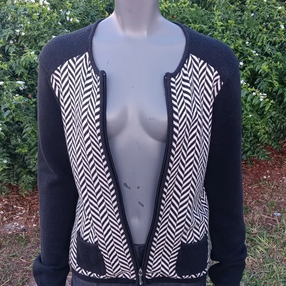 CHAPS LADIES BLACK/WHITE CARDIGAN FULL ZIP SWEATER