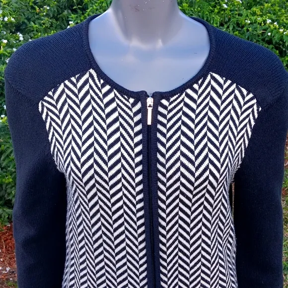 CHAPS LADIES BLACK/WHITE CARDIGAN FULL ZIP SWEATER