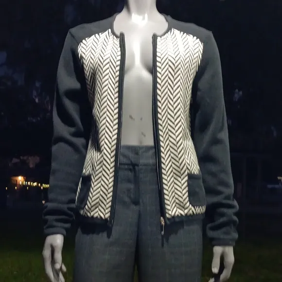 CHAPS LADIES BLACK/WHITE CARDIGAN FULL ZIP SWEATER