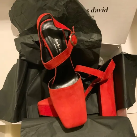 CHARLES DAVID Roan Red Suede Platform Block Heel Ankle Strap Sandals 41