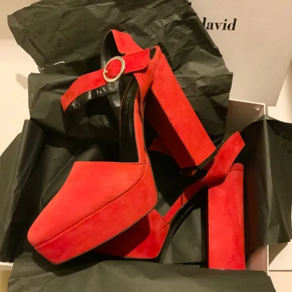 CHARLES DAVID Roan Red Suede Platform Block Heel Ankle Strap Sandals 41