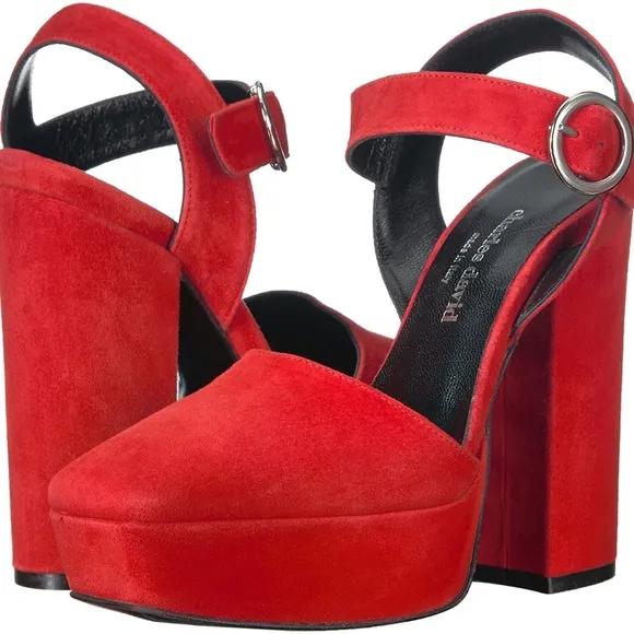 CHARLES DAVID Roan Red Suede Platform Block Heel Ankle Strap Sandals 41