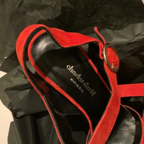 CHARLES DAVID Roan Red Suede Platform Block Heel Ankle Strap Sandals 41