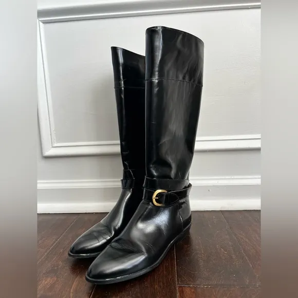CHARLES DAVID vintage Italy black shiny leather riding boots 8AA
