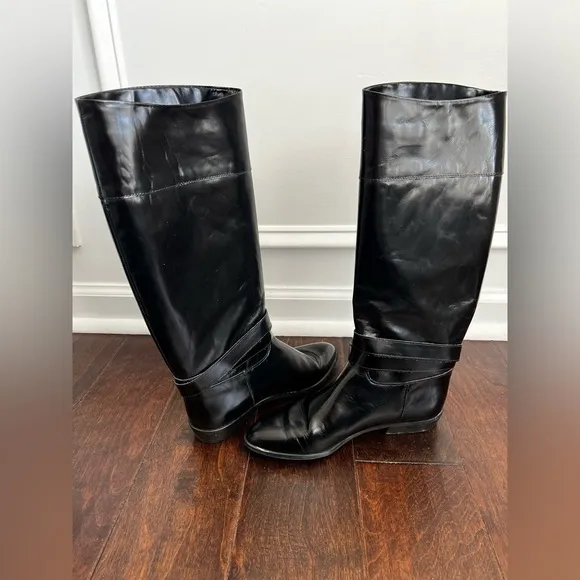 CHARLES DAVID vintage Italy black shiny leather riding boots 8AA