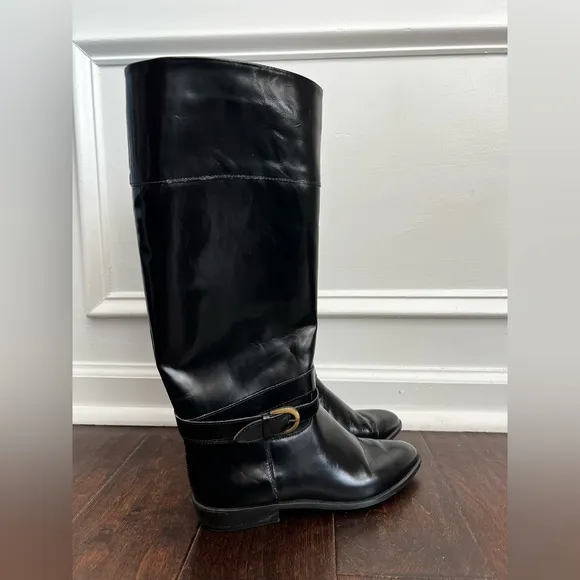 CHARLES DAVID vintage Italy black shiny leather riding boots 8AA