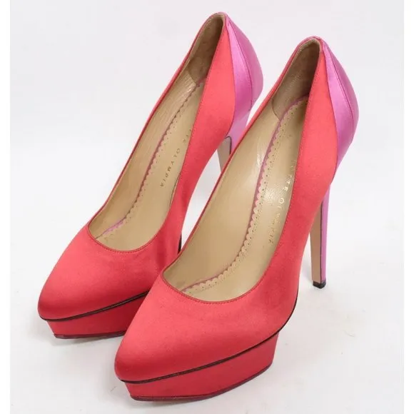 Charlotte Olympia sz 38.5 US 8.5 shoes pink red silk platform