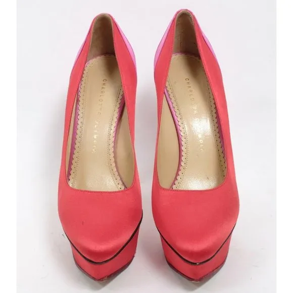 Charlotte Olympia sz 38.5 US 8.5 shoes pink red silk platform