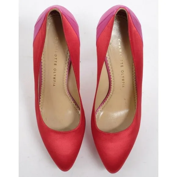 Charlotte Olympia sz 38.5 US 8.5 shoes pink red silk platform
