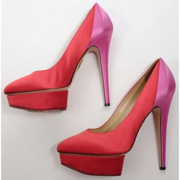 Charlotte Olympia sz 38.5 US 8.5 shoes pink red silk platform