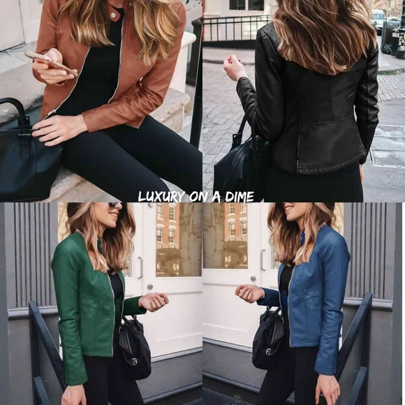 Chic Moto Vegan Leather Jacket Zip-up Sleek Snap Mock Neck Sleek Trendy Green