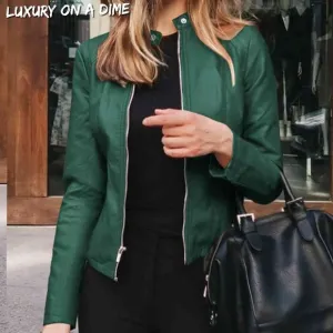 Chic Moto Vegan Leather Jacket Zip-up Sleek Snap Mock Neck Sleek Trendy Green