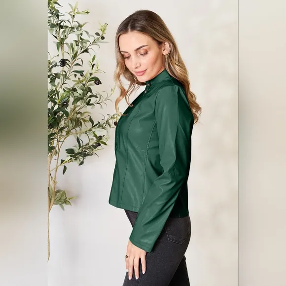Chic Moto Vegan Leather Jacket Zip-up Sleek Snap Mock Neck Sleek Trendy Green