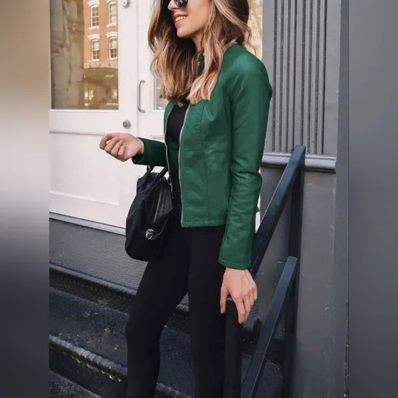 Chic Moto Vegan Leather Jacket Zip-up Sleek Snap Mock Neck Sleek Trendy Green