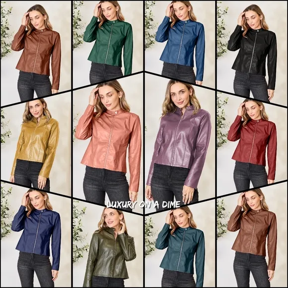 Chic Moto Vegan Leather Jacket Zip-up Sleek Snap Mock Neck Sleek Trendy Green